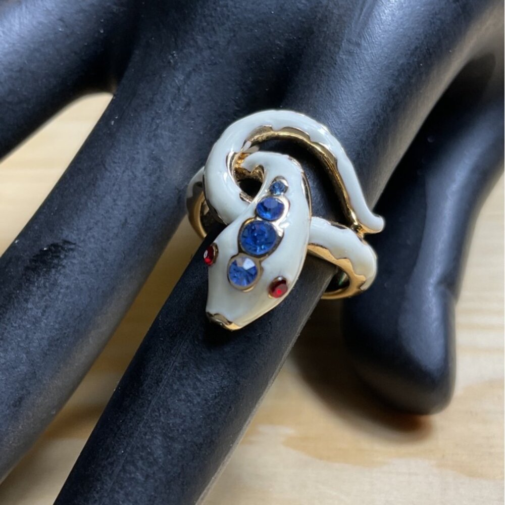Gold Tone White Enamel Blue and Red Snake Ring